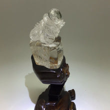 Cargar imagen en el visor de la galería, Golden Healer Quartz Pixiu with Custom Carved Wood Stand
