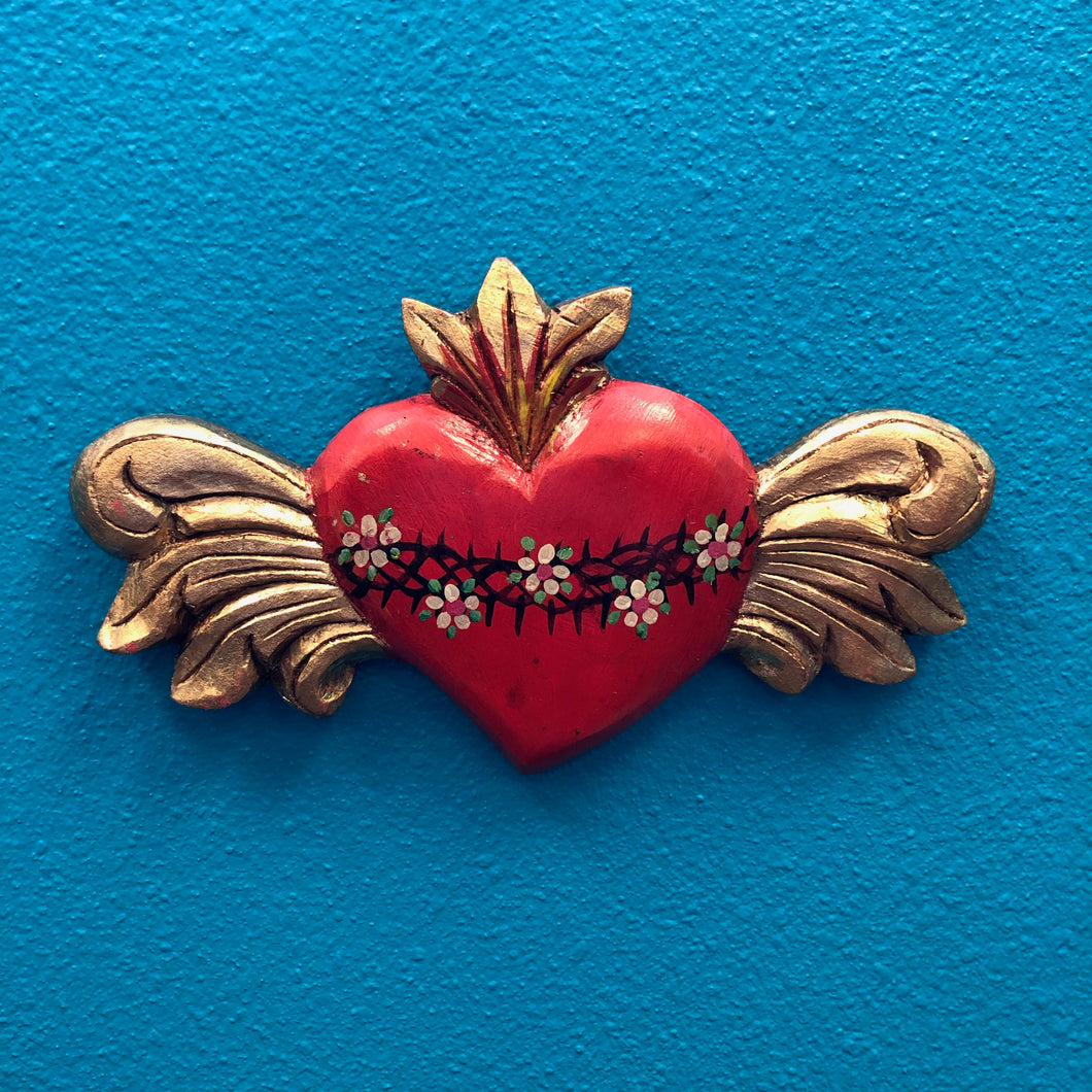 Hand-Carved Painted Heart with Wings